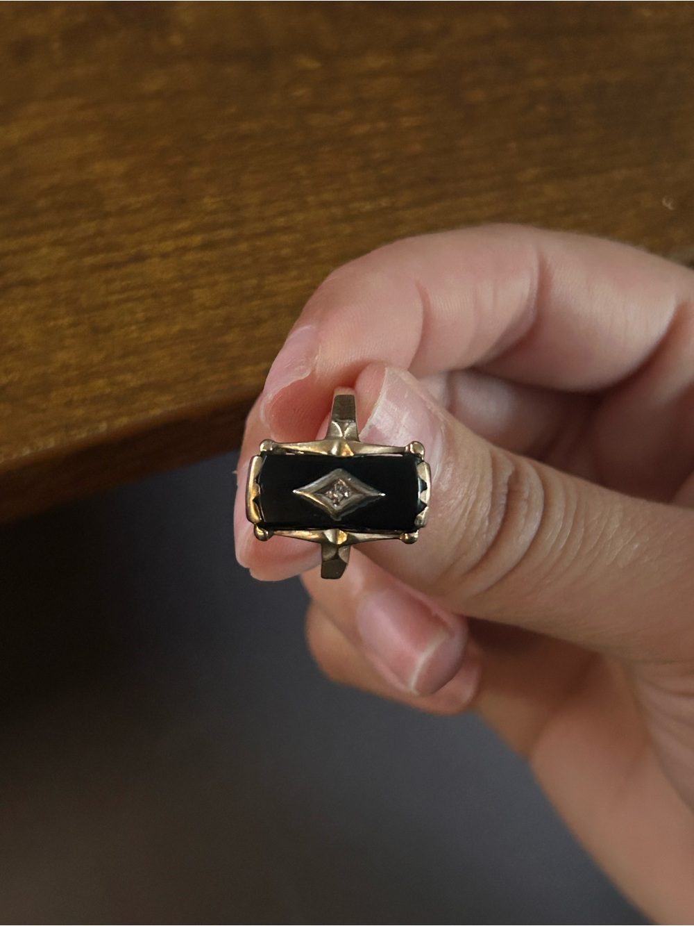 Black Onyx and Gold Ring with Center Diamond Accent